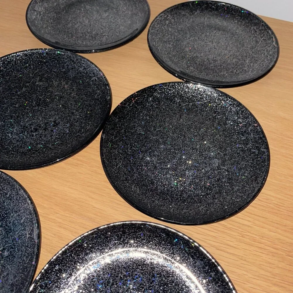 Crate&Barrel Glitter Appetizer Black 6 inch Dessert Plates, Set of 6, BRAND NEW